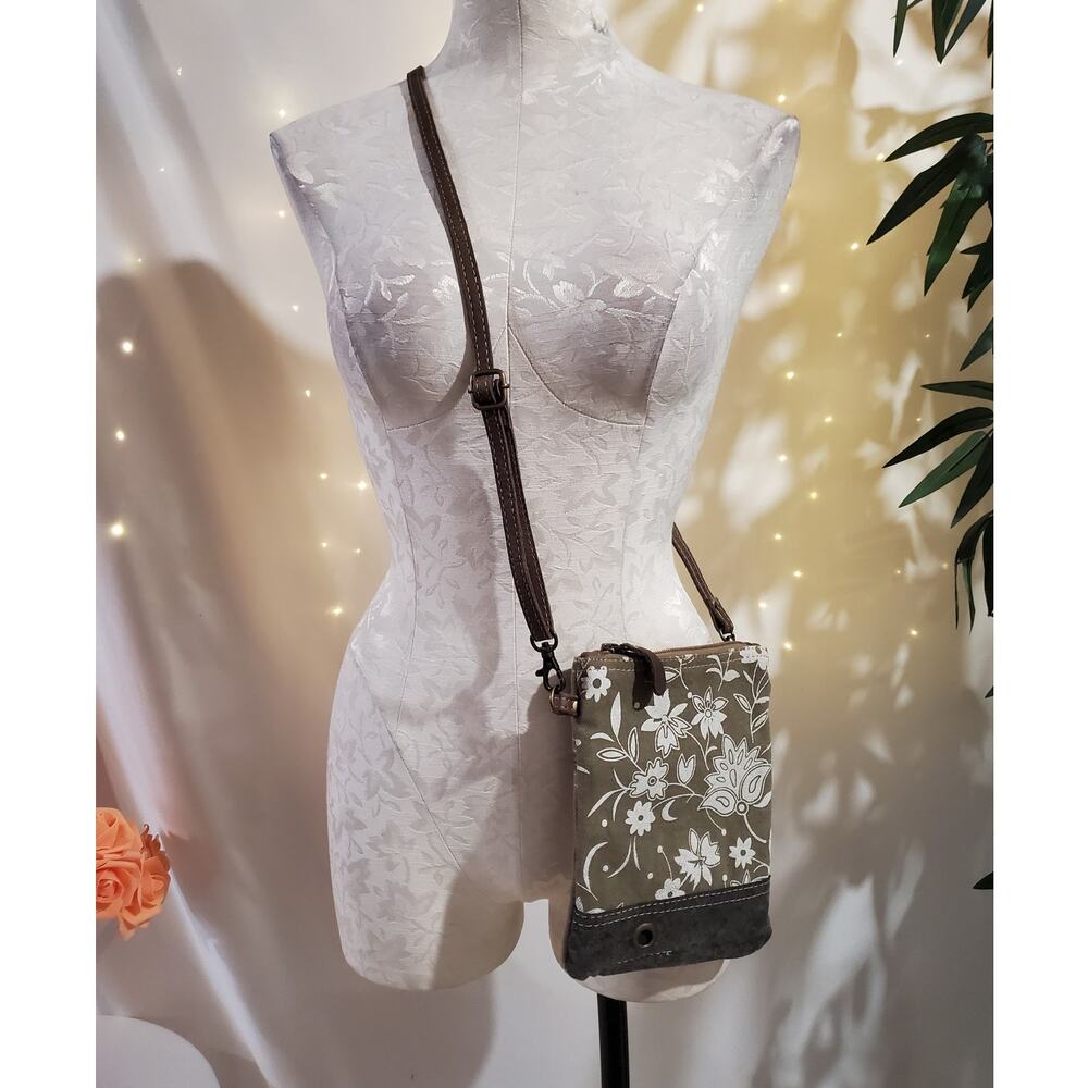 Myra Bag Floral Cotton Canvas Leather Crossbody Bag Small Adjustable Green Khaki